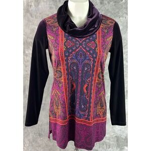 Susan Graver Paisley Liquid Knit & Velvet L/S Cowl Neck Top sz XXS (15766)
